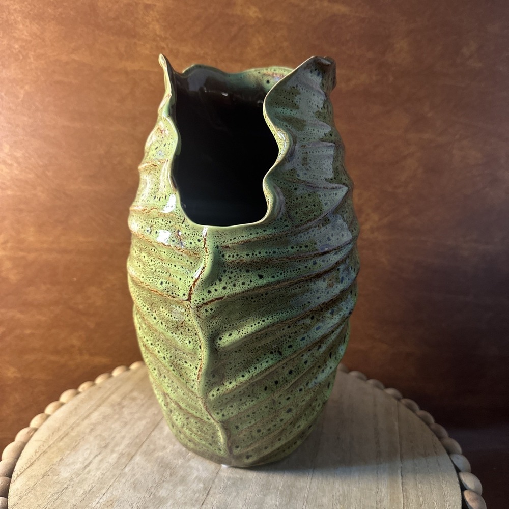 Green Art Pottery Leaf Vase - 10"T